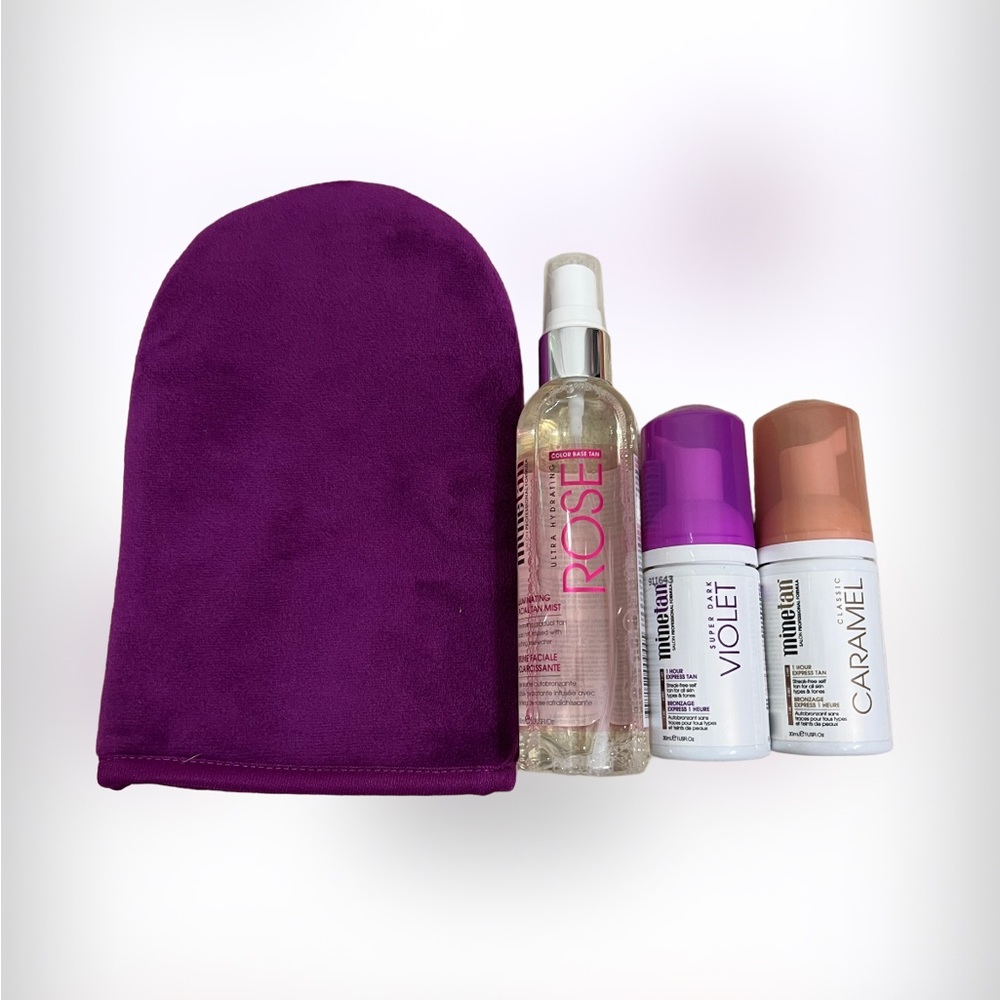 Minetan illuminating facial tan mist with mini tanning foams and mitt kit